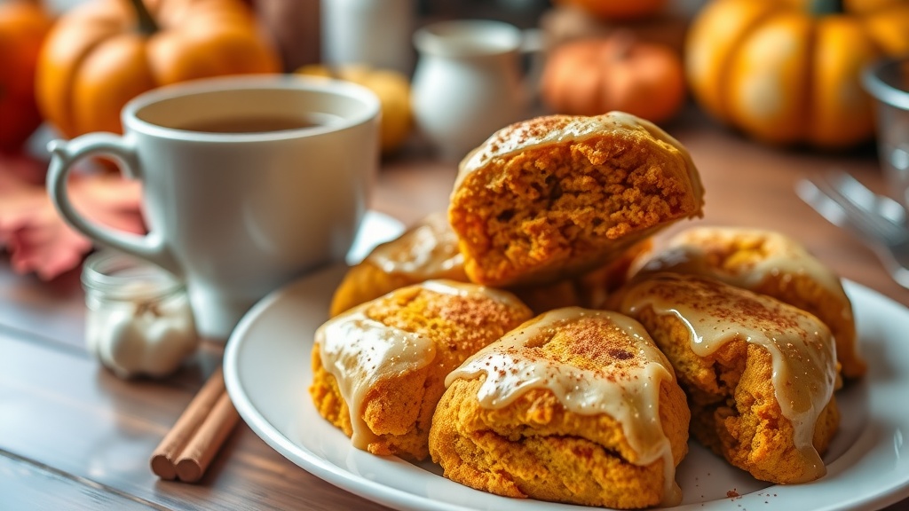 Delicious Pumpkin Scones with Spiced Glaze Pumpkin scones on a plate with a cup of tea, sprinkled with cinnamon, in a cozy kitchen setting.